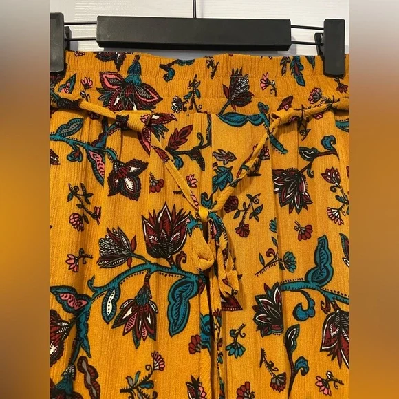 BBJ Los Angeles Mustard Fleur De Lis Flowy Wide Leg Boho Belted Pants Size L - Picture 4 of 13